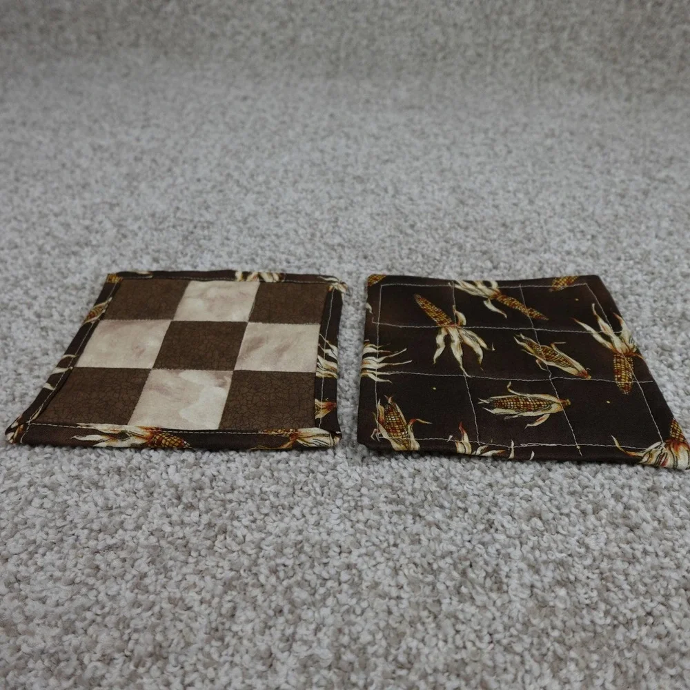 Handmade Brown Quilted 9 Patch Mug Rug Coasters Set of 2 Corn Harvest 6x6